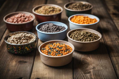 different cat food Food for wet and dry cats. Copy space Cat food bowls on a wooden background. Generative AIの素材