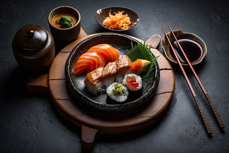 Japanese food. Asian cuisine On a circular wooden dish with sushi. Background of stone. Generative AIの素材