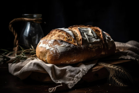 sourdough bread baked at home. Black background with freshly baked sourdough bread. Generative AIの素材