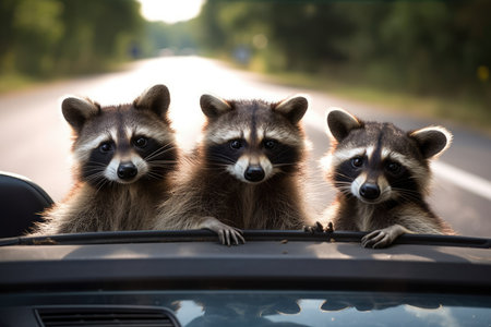 Three amusing raccoons riding in a car while playing a guitar. Generative AIの素材