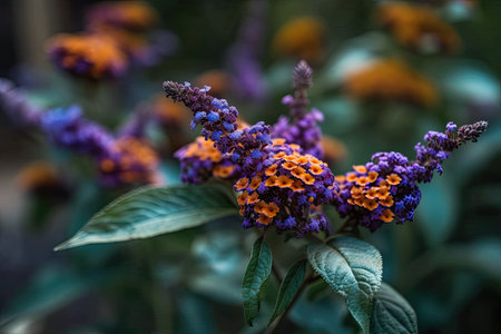 Selective focus of violet blue flower Summer lilac (Vlinderstruik) Buddleja davidii, Butterfly bush or Orange eye is a species of flowering plant in the family Scrophulariaceae, Nature background. Generative AIの素材