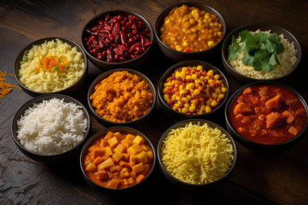rice with a variety of Indian curries. Generative AIの素材