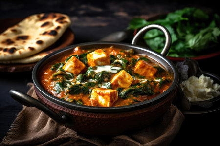 Served in a Karahi with Roti or Chapati with a gloomy backdrop, the popular Indian dish Palak Paneer Curry is created with spinach and cottage cheese. discerning concentration. Generative AIの素材