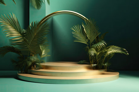 abstract background including a tropical leaf, an empty green platform, a golden arch, and cobblestones. Modern minimalist product presentation scene. Generative AIの素材