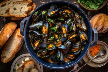 Top view of a casserole of traditional French blue mussels in bouillabaisse with lettuce and bread. Generative AIの素材
