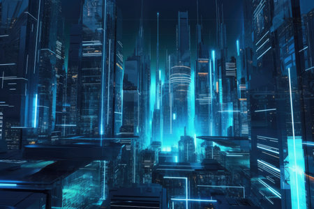 of the nocturnal city landscape of cyber punk. The scene is dark but lit. evening life. 5g technology network. Beyond generation and sci fi futuristic capital metropolis and construction scenario. Generative AIの素材