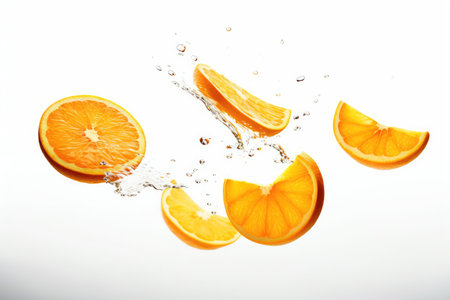 Slices of fresh orange fruit dropping over a white background, close up. Food that flies concept. looking up. Lay flat. Orange slice in the air, shadowless. Generative AIの素材