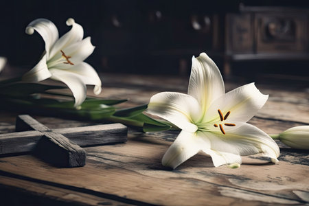 Rustic table with white lily and wooden crucifix. Generative AIの素材