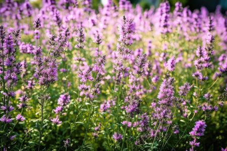 natural background of flowers. Beautiful natural scene of purple flowers blooming in a garden in the middle of the summer. Generative AIの素材