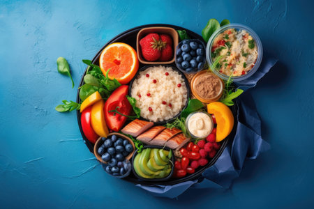 delivery of wholesome food. Organic everyday meal taken out on a blue copy space. Clean eating idea, healthy meal, and takeout nourishment for exercise, top view. Generative AIの素材