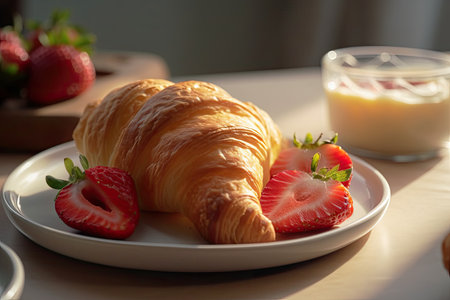 croissant with strawberry and fresh cream on a plate. Generative AIの素材