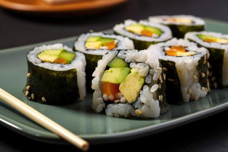 Sushi California rolls in close up top view on a sizable square porcelain plate with black chopsticks. alone on white. Generative AIの素材