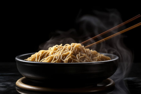 noodles in a smokey state with chopsticks, isolated on a dark background with a clipping path. Generative AIの素材