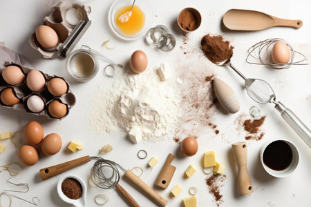 Top view of kitchen tools and baking ingredients on a white background. Background of baking. On the kitchen table were flour, eggs, sugar, spices, and a whisk. Lay flat. Generative AIの素材