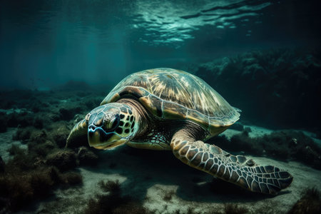 marine turtle submerged. turtle diving scene in the ocean. Generative AIの素材