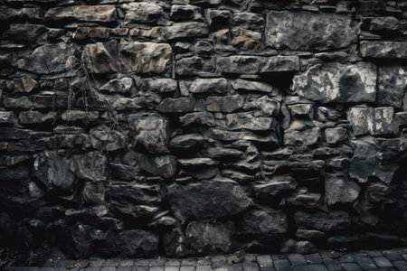 large panoramic texture of an old black stone wall. Dark background of brickwork made of coarsely broken rock. Abstract background in dark gray. Generative AIの素材