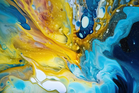 splashes of variously colored liquids. A white foam is created when the light blue liquid and the liquid with the gold color combine. The paint has overspill, which is visible. Generative AIの素材