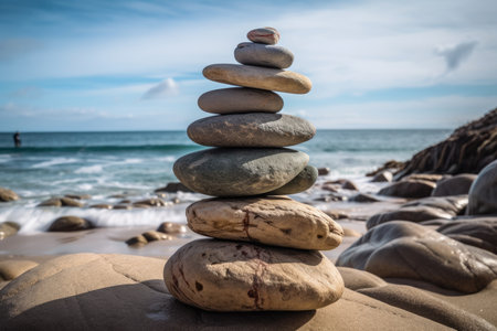 idea of balance and harmony. Set stones in opposition to the ocean. Scales formed from rock zen. Generative AIの素材