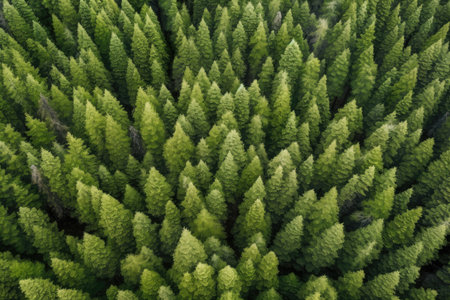 texture green woodland, taiga fir tree peaks, coniferous forest top view. Generative AIの素材