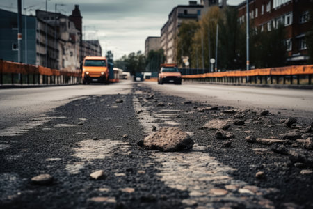 construction of roads. concrete kerb, new asphalt, and orange safety. Generative AIの素材