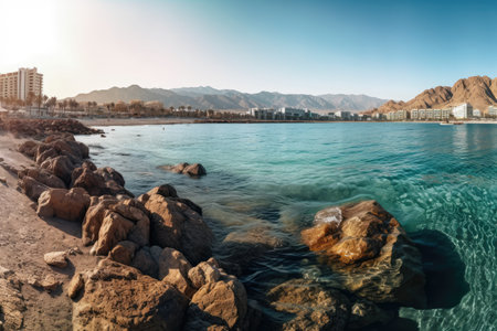 Israel, Eilat. Beautiful beaches, mountains, and sea. A panorama of a web banner. Generative AIの素材