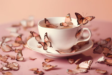 Butterflies flying above vintage cup of tea on pastel pink background. 80s, 90s retro aesthetic romantic spring or summer concept. Minimal fashion love idea. Generative AIの素材