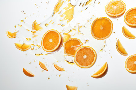 Slices of fresh orange fruit dropping over a white background, close up. Food that flies concept. looking up. Lay flat. Orange slice in the air, shadowless. Generative AIの素材