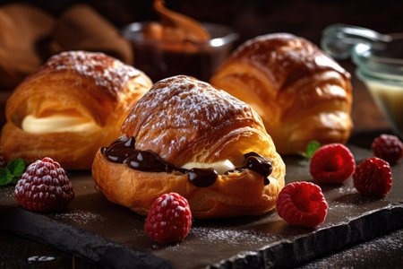 Delicious pastry cream filled puff pastry rolls for dessert. Generative AIの素材