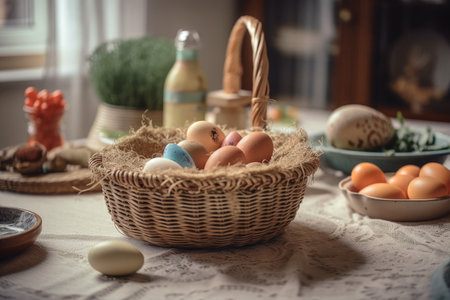 Polish Easter basket on the table of a family. Generative AIの素材