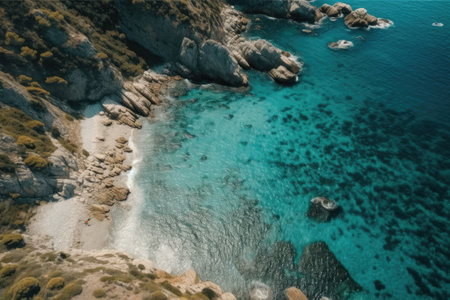 From above, the coast serves as the background. From above, the background is blue water. aerial view of the sea in summer. image of vacation and travel. Generative AIの素材