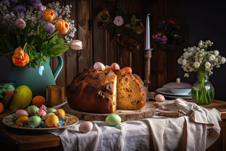 The table is decorated for Easter with an Italian Easter Panettone. Generative AIの素材
