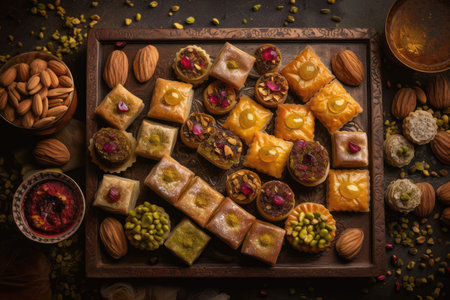 Traditional baklava assortment with pistachios from Turkey and the Arab world. sweets for Ramadan. above, with space for copy. Generative AIの素材