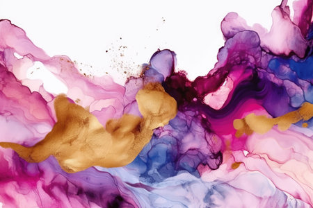 Pastel Ink Washing. Drops in violet and magenta. Elements of ocean waves. Ink print with contrast. Gouache paint blots are used. Alcohol Stains on Ink. Abstract blue. Generative AIの素材