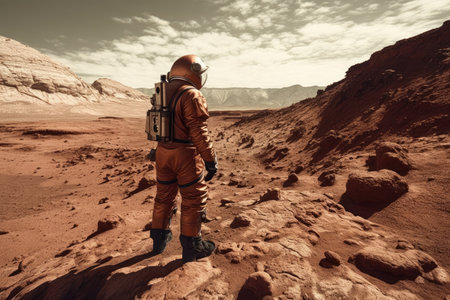 Back view of an astronaut exploring the surface of a red planet while wearing a space suit. In the distance, a rover and base on Mars. Martian colonization theory. Generative AIの素材