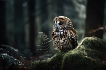 wildlife in forests. Tawny owl resting on a rock in the woodland. transparent green background lovely animal in the wild. Bird in a woodland in Poland. From a dark spruce tree, a wildlife sight. myste. Generative AIの素材