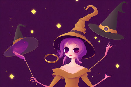 3d illustration of cute little witch ghost with black hat and golden hat ring on the purple background field. isolatedの素材