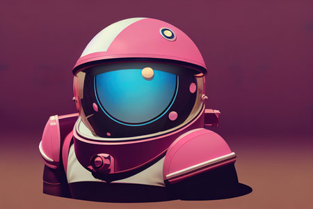 3d illustration of pink cute little astronaut with black visor in the brown planet with shining blue stone everywhere.の素材
