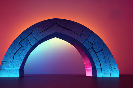 3d render, abstract neon background with colorful square arch and stone ruins, showcase for product presentationの素材