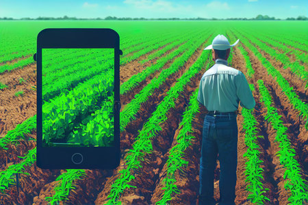 3d illustration Farmer holding a with mobile autonomous tractor. reality in agriculture. Smart farming concept ds, farming control technology online.の素材