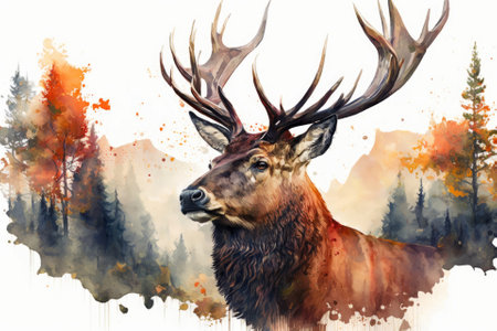 Portrait of a powerful adult red deer stag in the fall forest, done in watercolorの素材