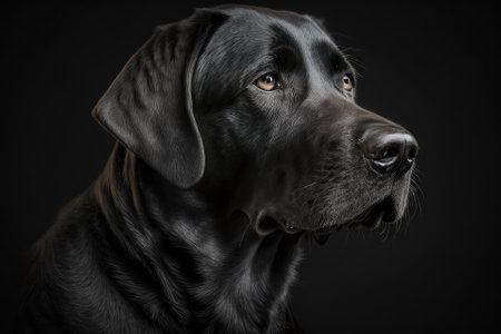 Portrait of an adopted Black Labrador Retriever in a low key style, with a black backgroundの素材