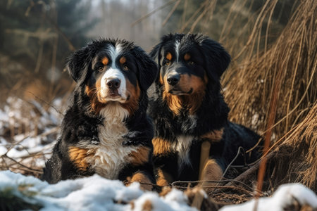 Puppies of bernese mountain dogs in a cold winter woodland in Ukraineの素材
