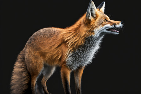 Side view of a wild red fox in the wild, with a dark background and its characteristic mouth openの素材
