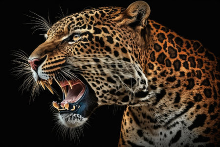 Scarlet adult female jaguar roaring, with a black backgroundの素材