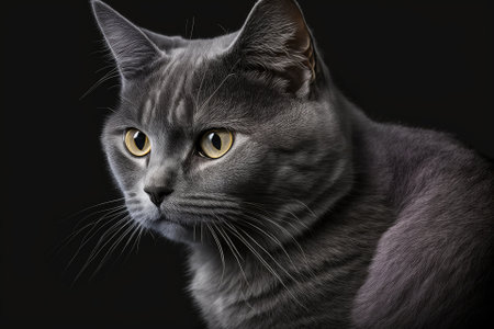 Studio picture of a grey cat with a dark backgroundの素材