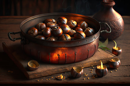 Roasted chestnuts were served on an antique table in a chestnut panの素材