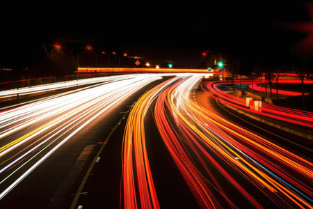 Speed Traffic Light Trails on a Nighttime Highway, Abstract Urban Backgroundの素材