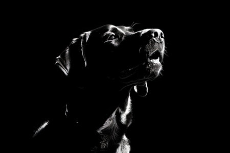 Silhouettes of a male black labrador retriever dog in pure black and white pleading for goodiesの素材