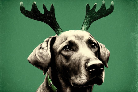 The dog is wearing a headband with reindeer antlers, and the background is a solid greenの素材
