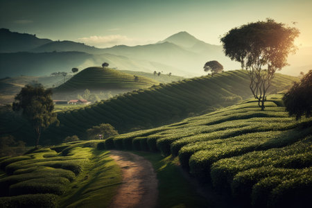 The tea plantations background , Tea plantations in morning lightの素材